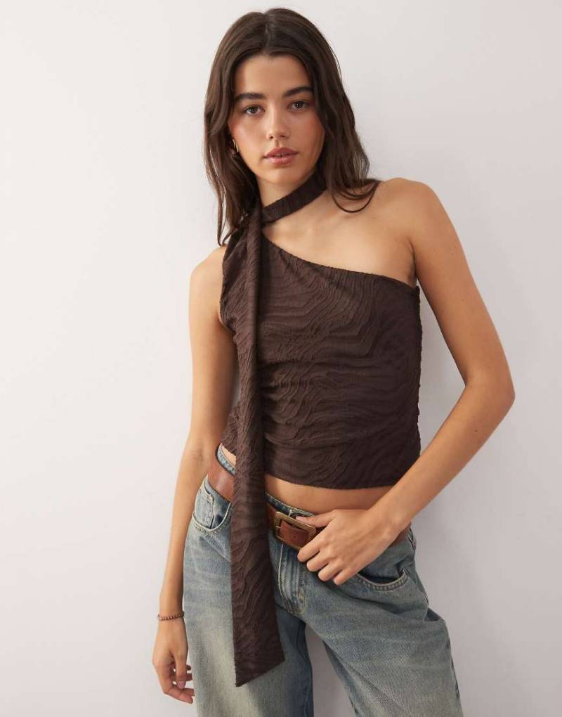 Reclaimed Vintage - Schal-Oberteil in Braun mit One-Shoulder-Träger und Zebra-Ausbrennermuster-Brown von Reclaimed Vintage