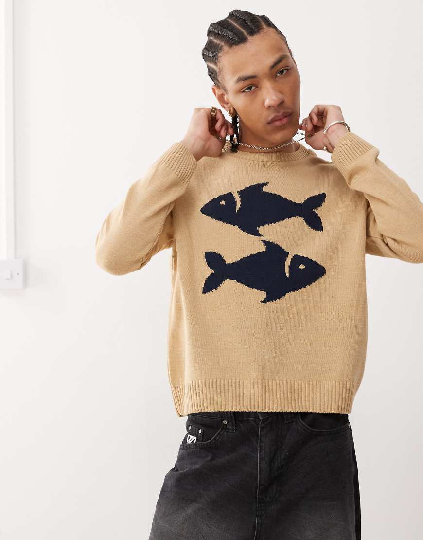 Reclaimed Vintage - Strickpullover in Beige mit Fischer-Print und Rundhalsausschnitt-Weiß von Reclaimed Vintage