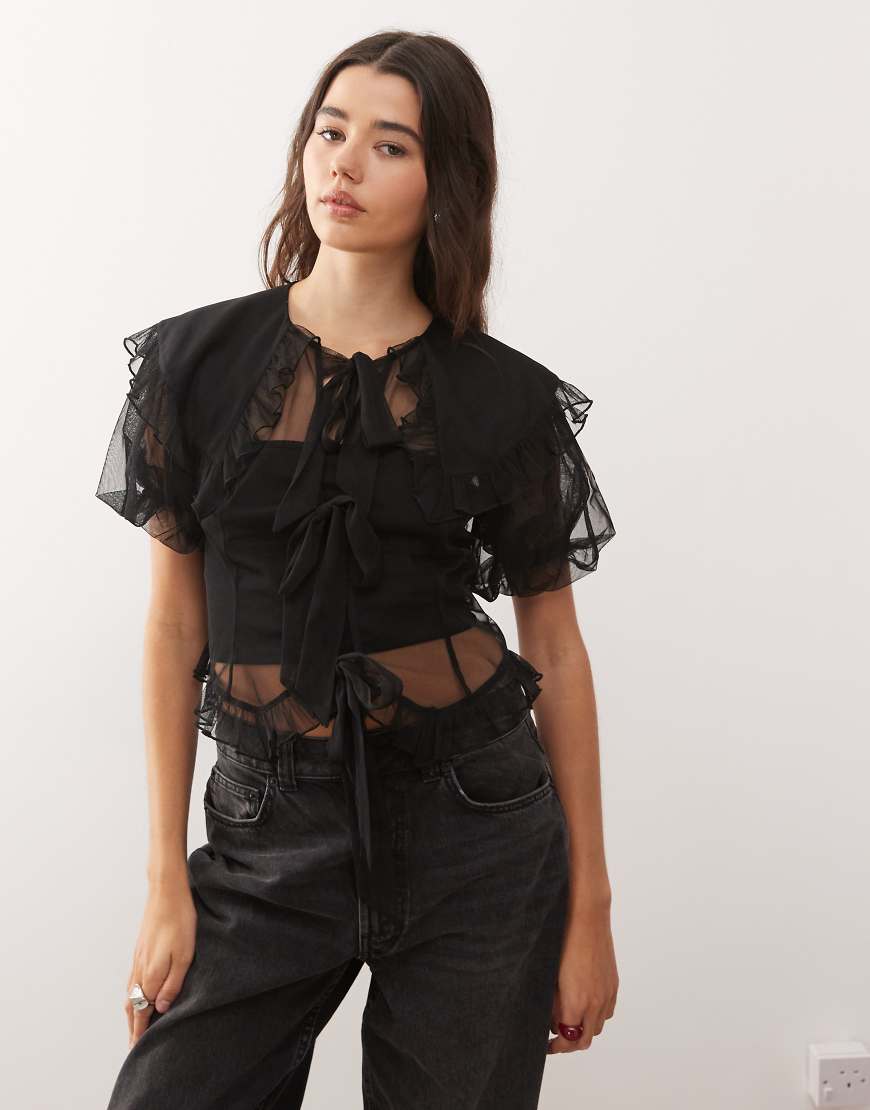 Reclaimed Vintage - Tüll-Bluse in Schwarz mit Puffärmeln und Kragen von Reclaimed Vintage