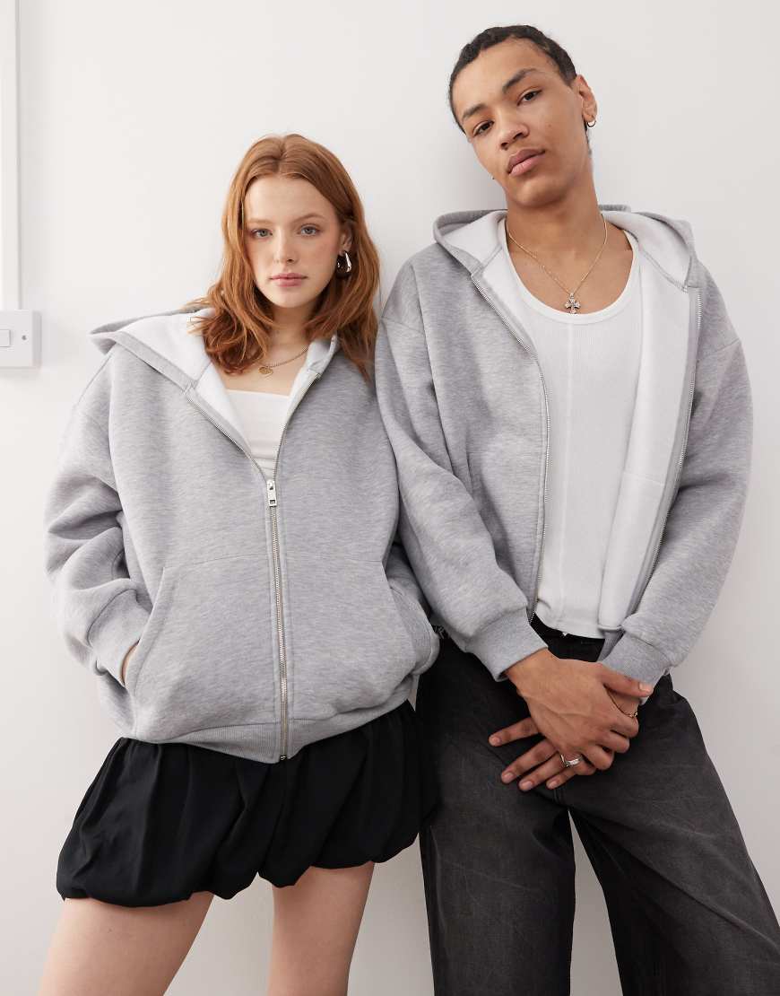 Reclaimed Vintage - Kastiger Kapuzenpullover in Grau meliert mit Reißverschluss und kürzerem Schnitt, unisex von Reclaimed Vintage