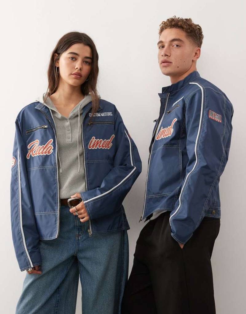 Reclaimed Vintage - Unisex-Motorradjacke aus Nylon in Tintenblau mit Logo-Aufnähern und Stickerei von Reclaimed Vintage