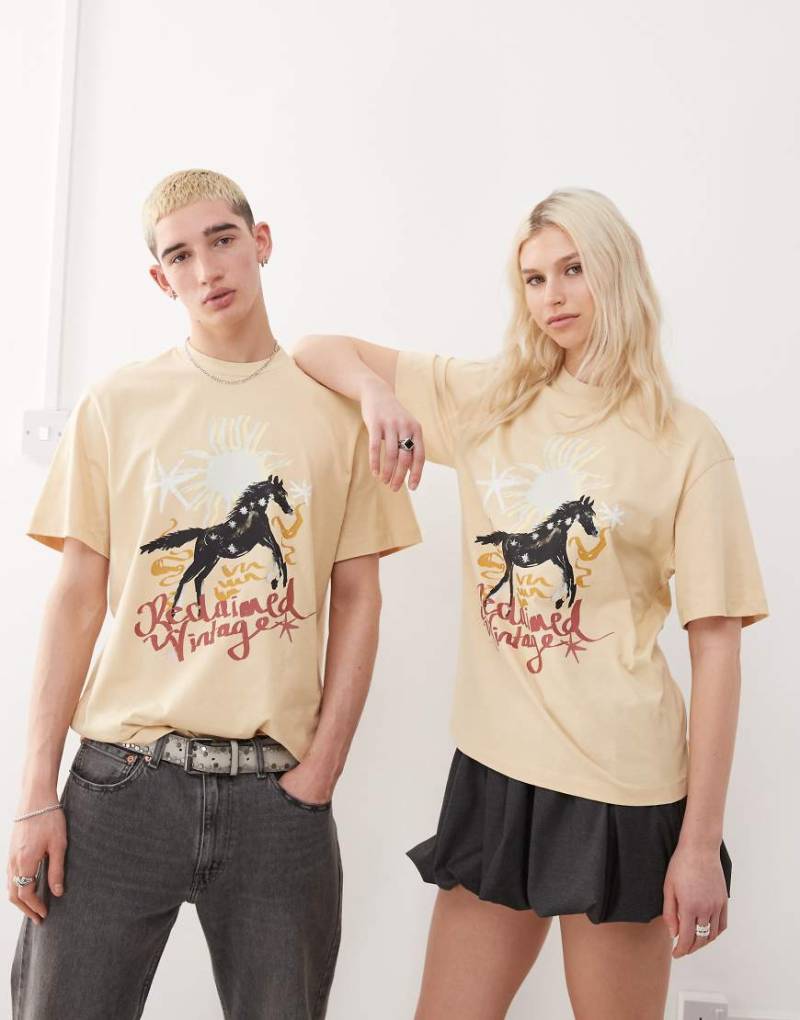 Reclaimed Vintage - Unisex-T-Shirt in Buttermlichgelb mit Oversize-Passform und Pferde-Westerngrafik-Neutral von Reclaimed Vintage