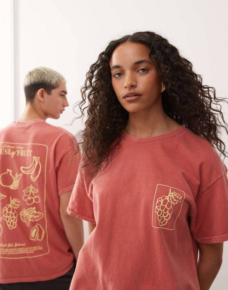 Reclaimed Vintage - Unisex-T-Shirt in dunklem Orange mit Oversize-Passform und Früchte-Grafikprint am Rücken von Reclaimed Vintage