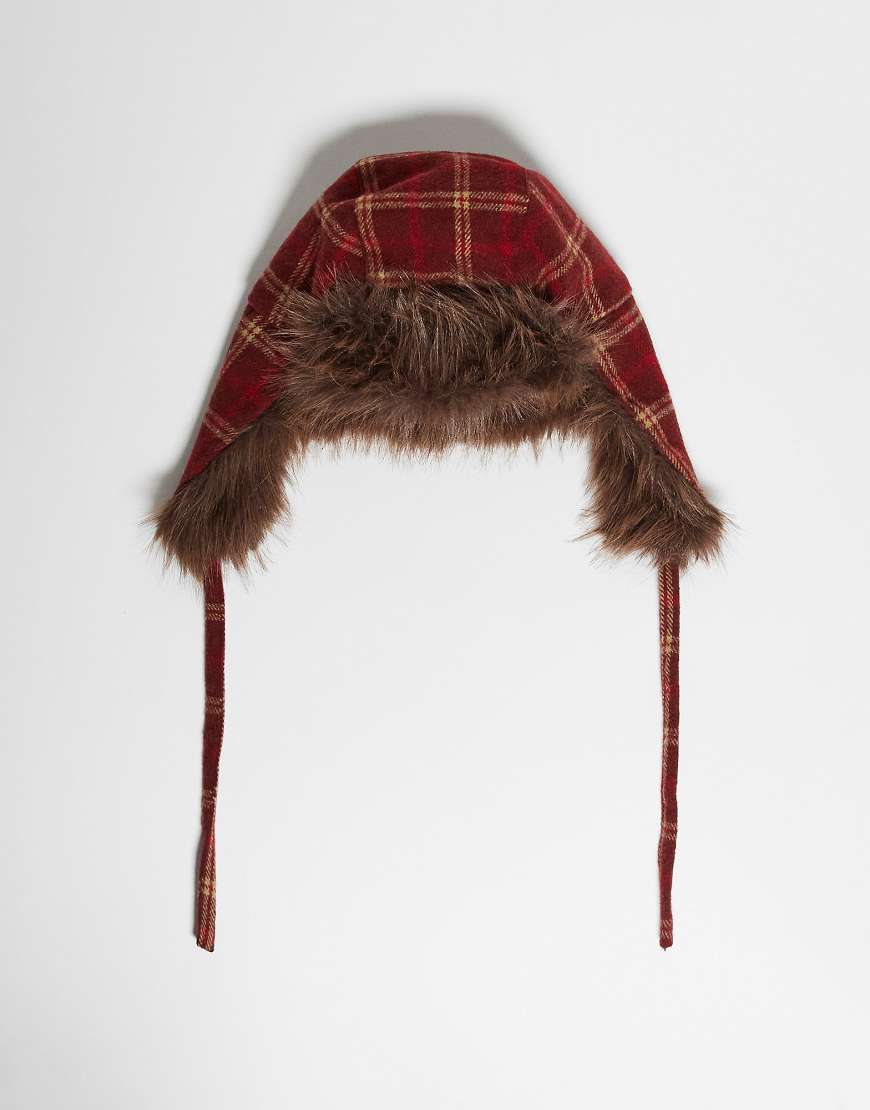 Reclaimed Vintage - Unisex-Trappermütze in Rot kariert mit braunem Kunstpelzbesatz-Bunt von Reclaimed Vintage