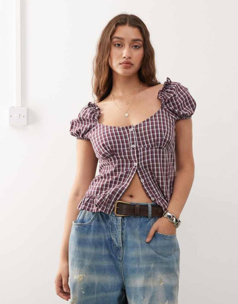 Reclaimed Vintage - Western-Oberteil in Rot kariert mit Puffärmeln und Knopfleiste-Bunt von Reclaimed Vintage