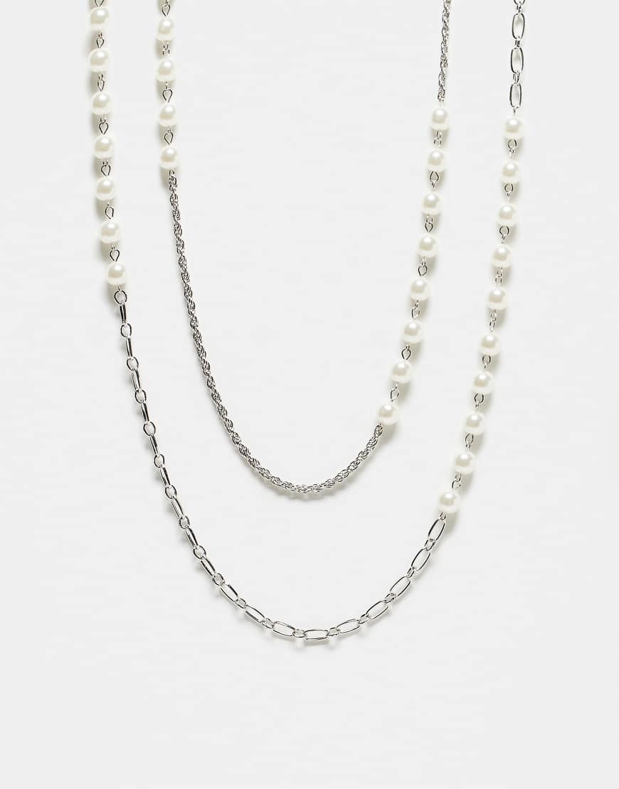Reclaimed Vintage - Zweireihige Unisex-Halskette in Silber-Optik mit Perlen von Reclaimed Vintage