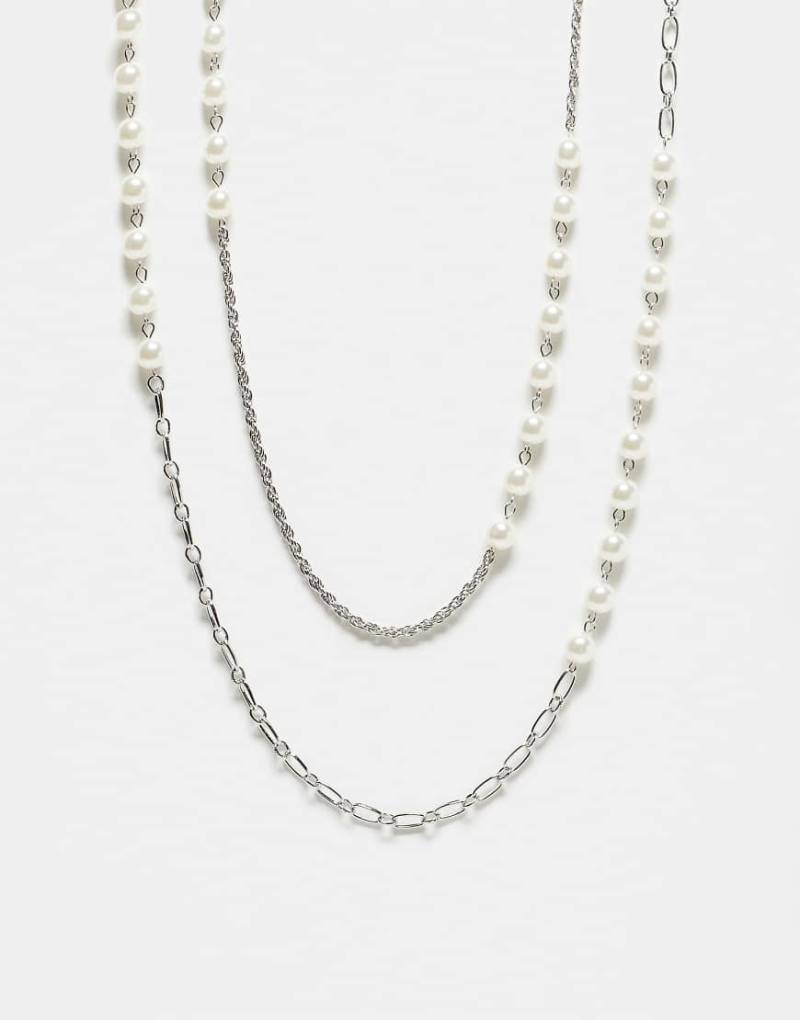 Reclaimed Vintage - Zweireihige Unisex-Halskette in Silber-Optik mit Perlen von Reclaimed Vintage
