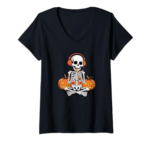Damen Halloween Skelett Blockflöte T-Shirt mit V-Ausschnitt Damen Halloween Skelett Blockflöte T-Shirt mit V-Ausschnitt von Recorder Player Gifts