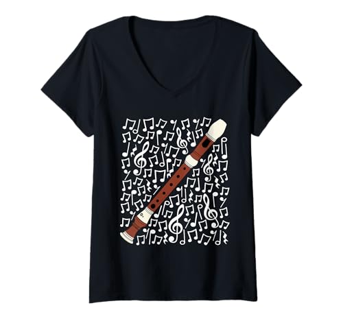Damen Blockflöte Musiknoten Holzblasinstrument Musiklehrer T-Shirt mit V-Ausschnitt von Recorder Teacher Music Score Musician By DoodleRob