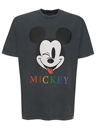 Recovered Disney Multi-Coloured Mickey Text Relaxed Black Acid Wash T-Shirt by M von Recovered