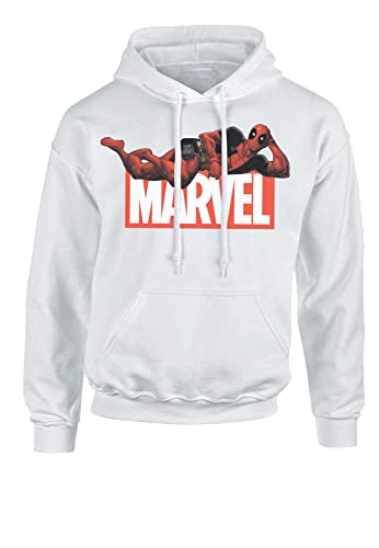 Recovered Herren Marvel Logo Deadpool Posing White Hooded Sweatshirt L Kapuzenpullover, Mehrfarbig, L von Recovered