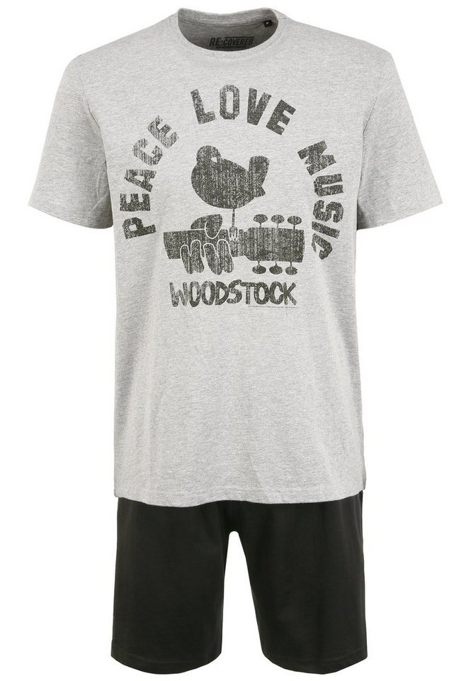 Recovered Loungepants Pyjama Lounge Set - Woodstock Peace Love Music Grey & Black von Recovered