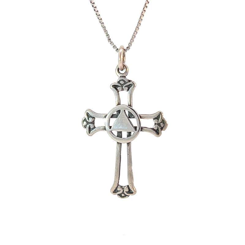 Anonymer Alkoholiker Sterlingsilber-Anhänger, Aa-Symbol Mit Solidem Dreieck in Einer Offenen Kreuzkette | Separat Erhältlich von RecoveryIsAGift