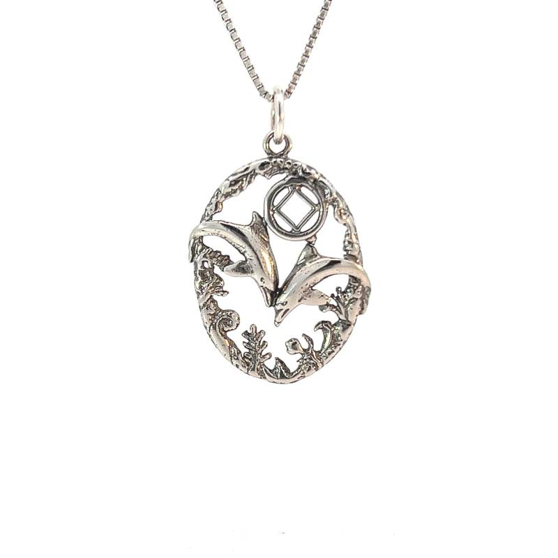 sterling Silber Anhänger, Na Symbol in Einer Alten Mode-stil Seelandschaft Mit 2 Delfine Kette Separat Erhältlich von RecoveryIsAGift