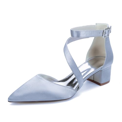Recuriey Damensandalen mit spitzer Zehenpartie, geschlossene Pumps mit klobigen Absatz, Elegante Damenschuhe für Hochzeitsfeiern (4.5 cm),Silber,38 EU von Recuriey