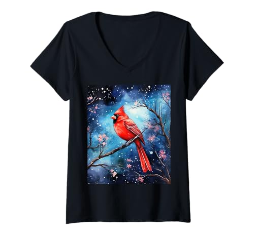 Damen Red Cardinal Bird Blue Starry Night Pink Floral Sky Flower T-Shirt mit V-Ausschnitt Damen Red Cardinal Bird Blue Starry Night Pink Floral Sky Flower T-Shirt mit V-Ausschnitt von Red Cardinal Bird Phone Case Birds Coffee Mug Cup