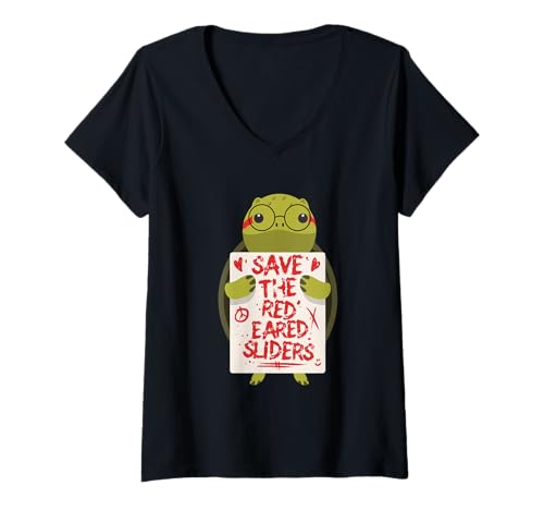 Damen Rotwangen Schmuckschildkröte Save The Red Eared Slider T-Shirt mit V-Ausschnitt Damen Rotwangen Schmuckschildkröte Save The Red Eared Slider T-Shirt mit V-Ausschnitt von Red Eared Slider Schildkröte