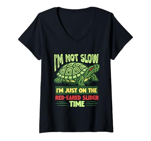 Damen Rotwangen Schmuckschildkröte T-Shirt mit V-Ausschnitt von Red Eared Slider Schildkröte
