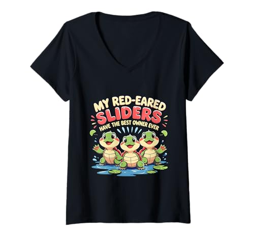 Damen Rotwangen Schmuckschildkröte T-Shirt mit V-Ausschnitt Damen Rotwangen Schmuckschildkröte T-Shirt mit V-Ausschnitt von Red Eared Slider Schildkröte
