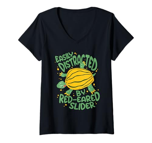Damen Rotwangen Schmuckschildkröte T-Shirt mit V-Ausschnitt von Red Eared Slider Schildkröte