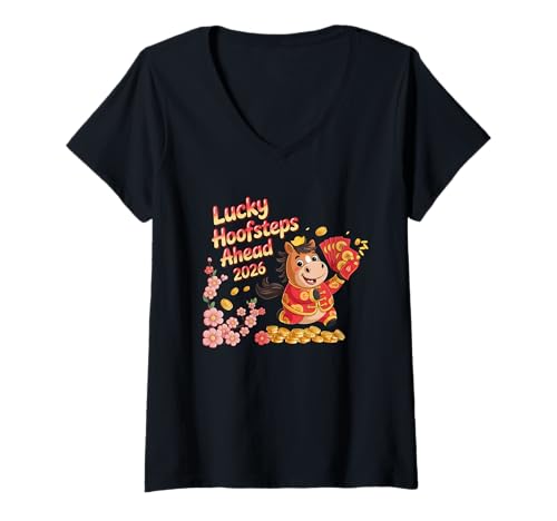 Damen 2026 Jahr des Pferdes, chinesisches Mondneujahr T-Shirt mit V-Ausschnitt Damen 2026 Jahr des Pferdes, chinesisches Mondneujahr T-Shirt mit V-Ausschnitt von Red Envelope Cherry Bloom Zodiac