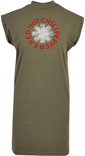 Red Hot Chili Peppers Scrible Logo Frauen Mittellanges Kleid Oliv L 100% Baumwolle Band-Merch, Bands von Red Hot Chili Peppers