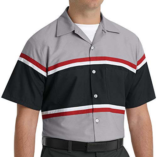 Red Kap Herren Industrial Work Shirt, Regular Fit, Short Sleeve Button-Down-Arbeitshemd, Grauschwarz mit Rotweiß, XL von Red Kap