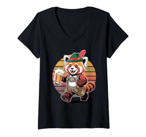 Damen Retro Roter Panda Bär Bier Trinkend Pandas T-Shirt mit V-Ausschnitt von Red Panda Bear Lover Gifts