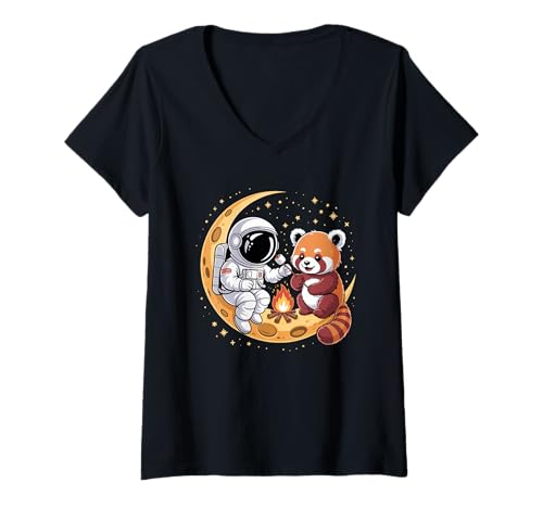 Damen Roter Panda Astronaut Lagerfeuer Camping Mondsichel T-Shirt mit V-Ausschnitt Damen Roter Panda Astronaut Lagerfeuer Camping Mondsichel T-Shirt mit V-Ausschnitt von Red Panda Bear Lover Gifts