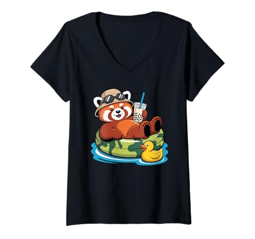 Damen Roter Panda Bär Boba Perle Milchtee T-Shirt mit V-Ausschnitt Damen Roter Panda Bär Boba Perle Milchtee T-Shirt mit V-Ausschnitt von Red Panda Bear Lover Gifts