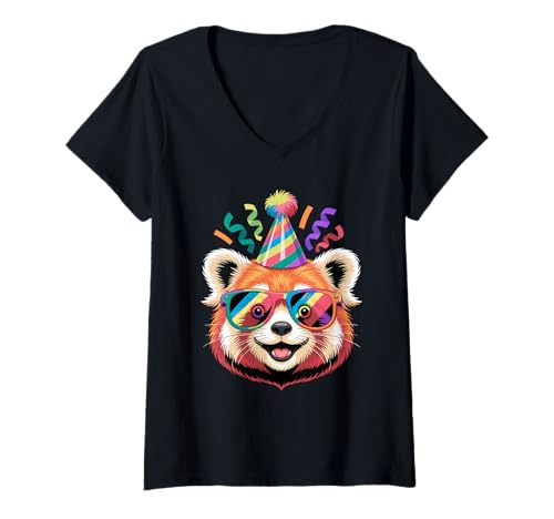 Damen Roter Panda Geburtstags Partyhut Sonnenbrille T-Shirt mit V-Ausschnitt von Red Panda Bear Lover Gifts