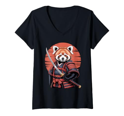 Damen Samurai Roter Panda Bär Katana Schwert T-Shirt mit V-Ausschnitt von Red Panda Bear Lover Gifts