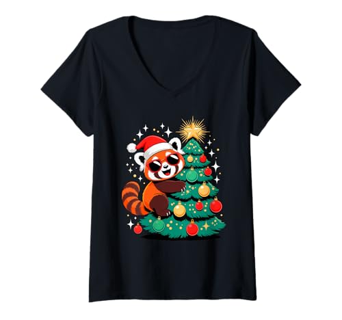 Damen Weihnachtsbaum Roter Panda Bär Sonnenbrille T-Shirt mit V-Ausschnitt von Red Panda Bear Lover Gifts