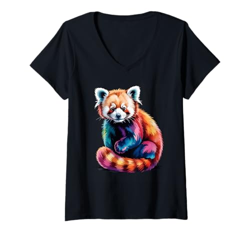Damen Roter Panda Poster-Stil, Bunte Farbspritzer, Kunstgrafik T-Shirt mit V-Ausschnitt Damen Roter Panda Poster-Stil, Bunte Farbspritzer, Kunstgrafik T-Shirt mit V-Ausschnitt von Red Panda Lover Apparel & Arts