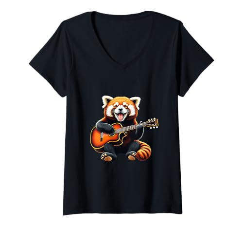 Damen Roter Panda spielt Gitarre, lustiger roter Panda T-Shirt mit V-Ausschnitt Damen Roter Panda spielt Gitarre, lustiger roter Panda T-Shirt mit V-Ausschnitt von Red Panda Lovers Designs