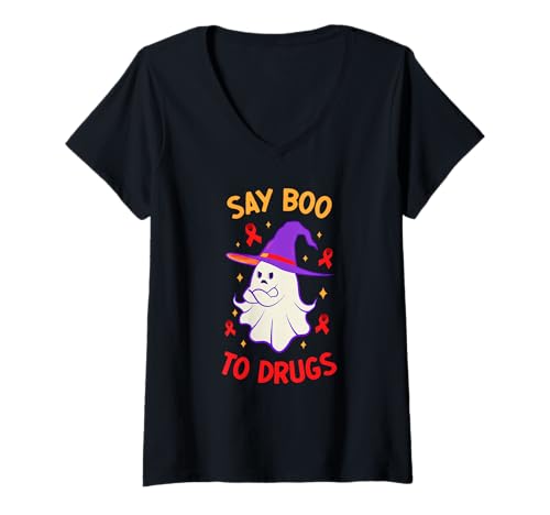 Damen Say Boo to Drugs Lustiges Halloween Red Ribbon Week Awareness T-Shirt mit V-Ausschnitt Damen Say Boo to Drugs Lustiges Halloween Red Ribbon Week Awareness T-Shirt mit V-Ausschnitt von Red Ribbon Week Awareness Outfit