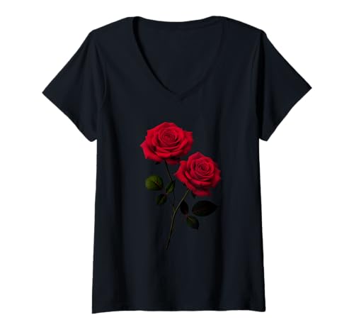 Damen Schöne rote Rosen Blumen Paar Romantik Design T-Shirt mit V-Ausschnitt Damen Schöne rote Rosen Blumen Paar Romantik Design T-Shirt mit V-Ausschnitt von Red Roses Designs