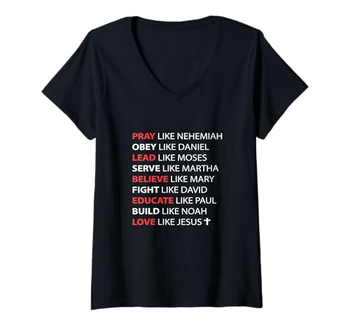 Damen Bete, gehorche, führe, diene, glaube an Liebe wie Jesus T-Shirt mit V-Ausschnitt von Red Sea Party