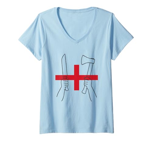 Damen England Messer und Axt Symbol Joan of Union Jack T-Shirt mit V-Ausschnitt von Red Sea Party