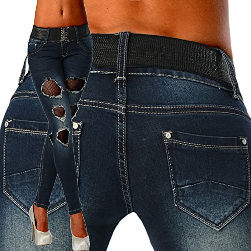 Red Seventy Damen Skinny Ripped Distressed Mesh Einsatz Low Waist Jeans Blau Gürtel EU 40, blau, 38 Red Seventy Damen Skinny Ripped Distressed Mesh Einsatz Low Waist Jeans Blau Gürtel EU 40, blau, 38 von Red Seventy