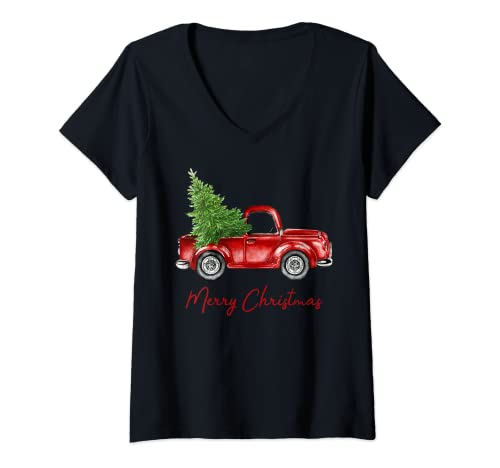 Damen Vintage Wagon Weihnachts-T-Shirt - Baum auf Auto Xmas Vacation T-Shirt mit V-Ausschnitt Damen Vintage Wagon Weihnachts-T-Shirt - Baum auf Auto Xmas Vacation T-Shirt mit V-Ausschnitt von Red Truck Christmas Tree Pajamas Shirt