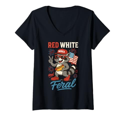Damen Rot, Weiß und Feral T-Shirt mit V-Ausschnitt von Red White And Feral Raccoon 4th Of July Patriotic