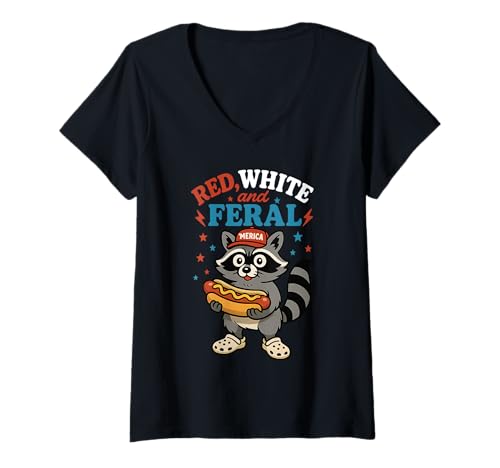 Damen Rot, Weiß und Feral T-Shirt mit V-Ausschnitt von Red White And Feral Raccoon 4th Of July Patriotic