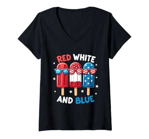 Damen Rot Weiß Blau Amerikanische Flagge Popsicle 4. Juli Patriotisch T-Shirt mit V-Ausschnitt Damen Rot Weiß Blau Amerikanische Flagge Popsicle 4. Juli Patriotisch T-Shirt mit V-Ausschnitt von Red White Blue Popsicles 4th of July Patriotic tee