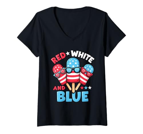 Damen Rot Weiß Blau Eis am Stiel 4. Juli Patriotische USA-Flagge Kleinkinder T-Shirt mit V-Ausschnitt Damen Rot Weiß Blau Eis am Stiel 4. Juli Patriotische USA-Flagge Kleinkinder T-Shirt mit V-Ausschnitt von Red White Blue Popsicles 4th of July Patriotic tee