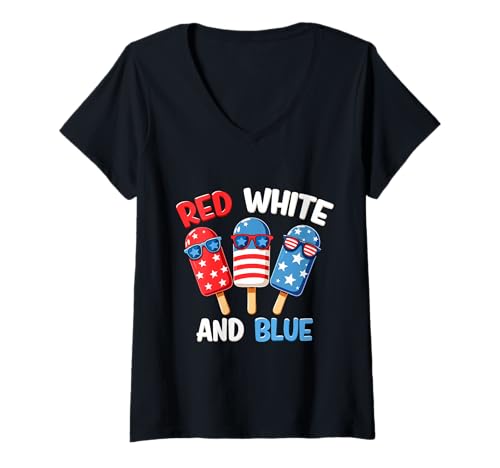 Damen Rot Weiß Blau Eis am Stiel 4. Juli Patriotische USA-Flagge Kleinkinder T-Shirt mit V-Ausschnitt Damen Rot Weiß Blau Eis am Stiel 4. Juli Patriotische USA-Flagge Kleinkinder T-Shirt mit V-Ausschnitt von Red White Blue Popsicles 4th of July Patriotic tee