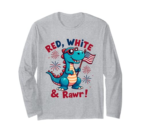 Rot Weiß und Rawr Dinosaurier T Rex Patriotic 4. Juli Kinder Langarmshirt von Red White and Rawr Dinosaur T Rex 4th of july tees