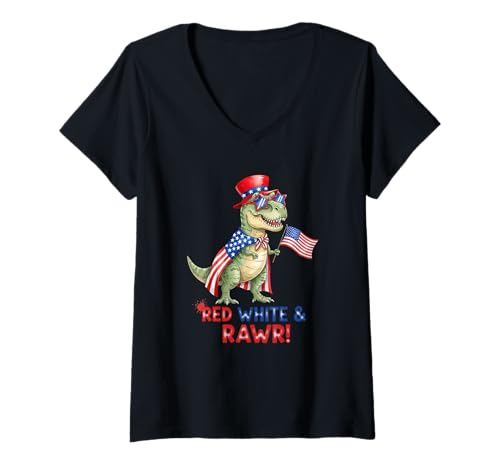 Damen Red White and Rawr Patriotic American US Flag 4th Of July T-Shirt mit V-Ausschnitt Damen Red White and Rawr Patriotic American US Flag 4th Of July T-Shirt mit V-Ausschnitt von Red White and Rawr Patriotic 4th Of July Shirt