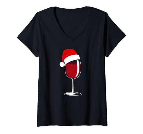 Damen Rotwein im Weinglas mit Weihnachtsmütze für Frauen Weihnachten T-Shirt mit V-Ausschnitt von Red Wine Santa Hat Women Christmas Outfit