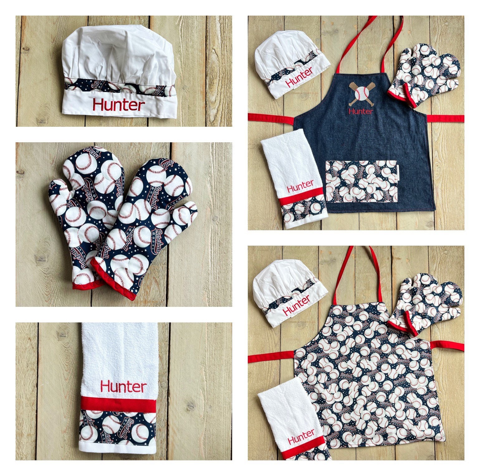 Personalisiertes Baseball-Schürzen-Set Kinderkochschürze, Hut & Handschuhe von RedBobbinDesigns